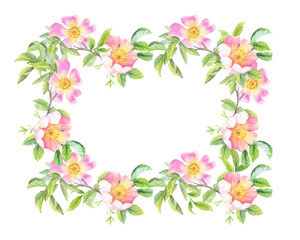 Frame of rosehip. Handmade watercolor art work. For packaging design, cards, cover, prints, product labels and fabric.