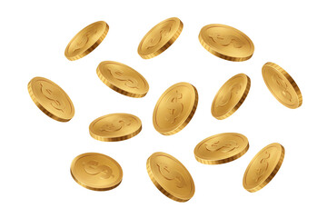 Falling golden coins, isolated on transparent cutout background, cut out, png