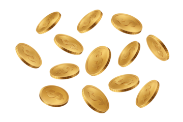 Falling golden coins, isolated on transparent cutout background, cut out, png