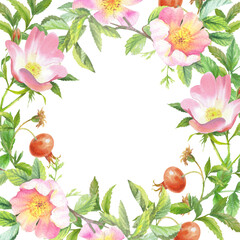 Frame of rosehip. Handmade watercolor art work. For packaging design, cards, cover, prints, product labels and fabric.