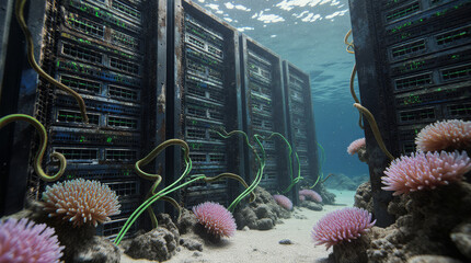 Generative AI Underwater Data Center with Coral Reef Server rack Data center Marine life Ocean Sea Technology 3d render It infrastructure Computer hardware Network Rust - Download Now