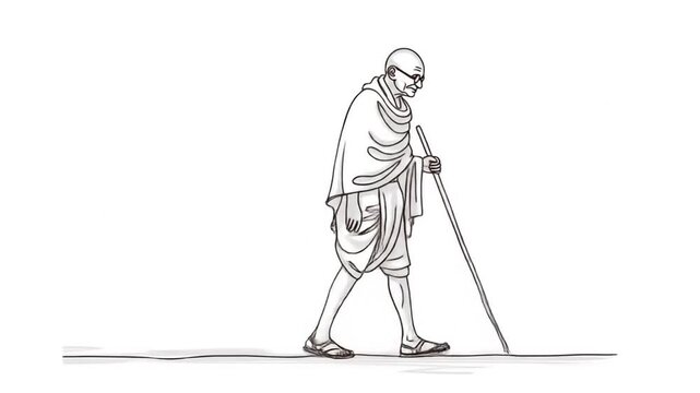 Dynamic Line Art Animation of Mahatma Gandhi Walking with a Staff on a White Background for Gandhi Jayanti