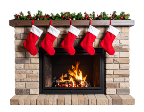 Traditional Christmas Fireplace with Stockings and Fire, Transparent PNG