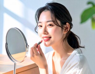Beautiful young Asian woman applying lipstick in front of mirror at home