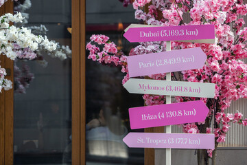 Colorful directional signs listing distances to global destinations like Dubai, Paris, and Mykonos, framed by vibrant pink and white cherry blossoms