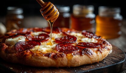 Pepperoni Pizza Drizzled With Honey From A Wooden Dipper cheese mozzarella