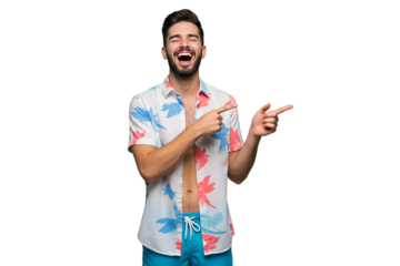 Joyful caucasian man in Hawaiian shirt laughing and pointing to both sides, having fun, isolated on transparent cutout background, cut out, png