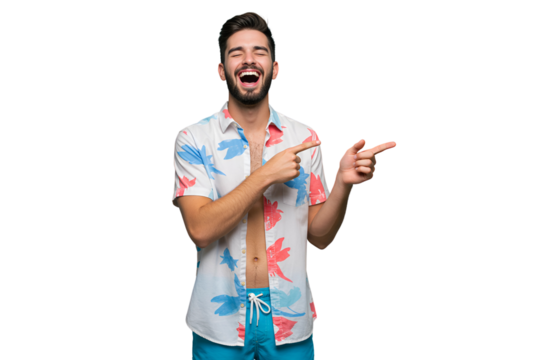 Joyful caucasian man in Hawaiian shirt laughing and pointing to both sides, having fun, isolated on transparent cutout background, cut out, png