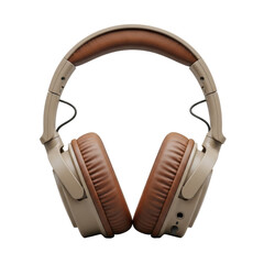 Robust, classic over-ear headphones with matte beige plastic and worn brown faux leather earcups, on transparent background, soft studio light. Concept of timeless audio equipment