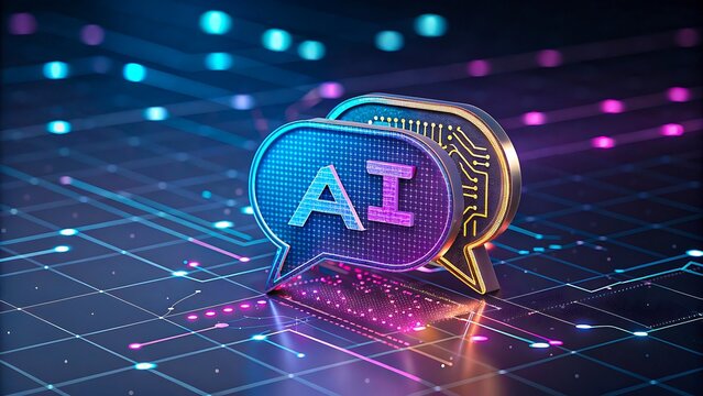 Artificial Intelligence Chat Technology with 3D AI Speech Bubbles on Digital Circuit Board Background
