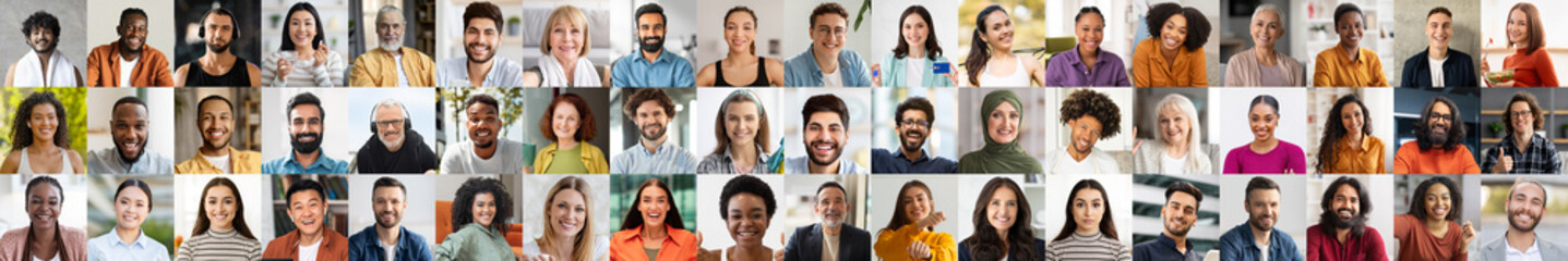 Fototapeta premium A vibrant collection of diverse individuals showcases a range of smiles and expressions. Viewed in a bright, lively setting, the happy faces reflect unity and multiethnic connections.