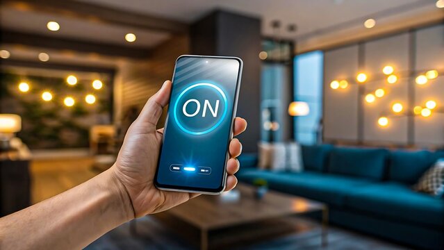 Smartphone Controlling Smart Home Lighting System with Modern Interior Background
