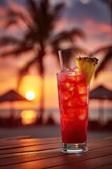 Tropical Sunset Cocktail with Pineapple Garnish on the Beach