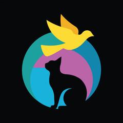 Cat bird and circle vector illustration