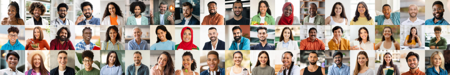 Fototapeta premium A joyful collection of multiracial faces showcases happiness and diversity. Each person is smiling brightly, reflecting a positive lifestyle and unity. The setting is bright and welcoming.