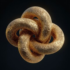 Obraz premium Golden knot sculpture, three linked rings on dark background. Abstract use