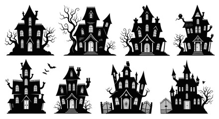 Spooky haunted houses and bats silhouettes create a chilling Halloween scene for festive decorations