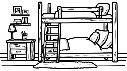Cozy bedroom scene bunk bed, nightstand, decor, and carpet, line art style