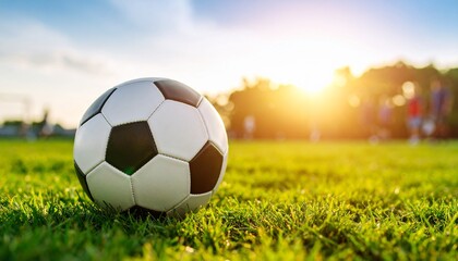 Soccer Ball on Green Grass at Sunset Inspiring Healthy Active Lifestyle.