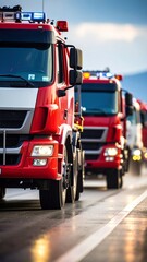 Fototapeta premium Emergency Response Team Fire Trucks Driving on Wet Road.