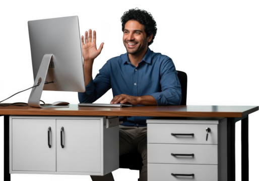 Man waving hello at computer screen isolated on transparent background