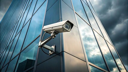 CCTV Security Camera on Modern Glass Building Exterior