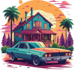 Retro Car and House at Sunset.