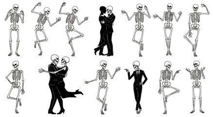 Diverse skeletons striking poses, dancing, and gesturing for creative projects and Halloween themes