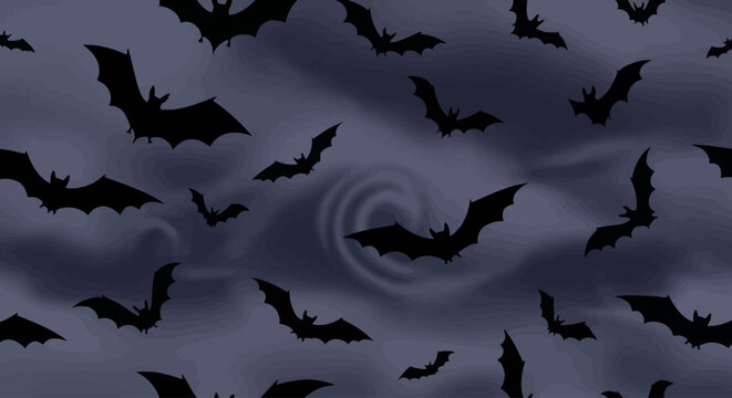 Spooky Halloween bats fly through a dark, cloudy night sky creating a chilling atmosphere