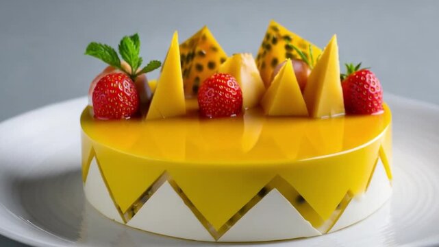 Rotating mango cake decorated with fresh fruits on white background