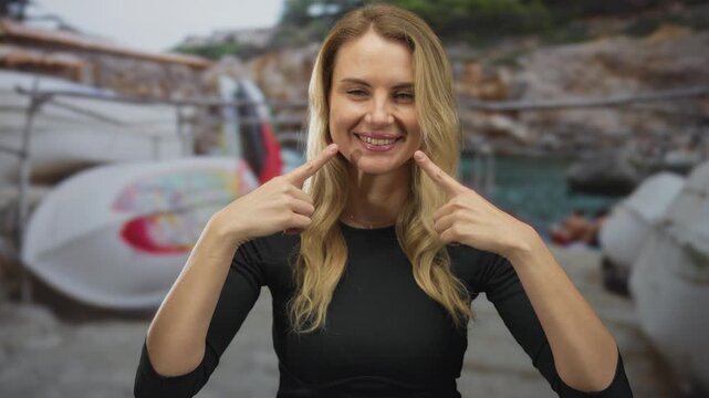 Woman smiling and pointing at her cheeks with both hands, standing on a sandy beach with boats in the background on a sunny day.