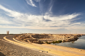 The great dam of Aswan engineering construction with part of the water visible, Egypt