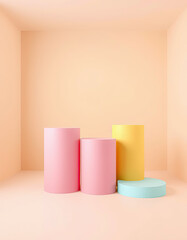 Pastel 3D podium with colorful geometric cylinders in warm peach studio, abstract minimal stage for product presentation, creative branding display mockup and modern graphic design resource
