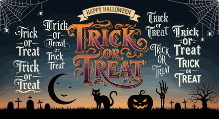 Spooky Halloween Trick or Treat greetings with festive cemetery and pumpkin scene © Muflif