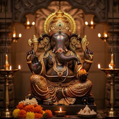 Lord Ganesha Idol with Lamps and Offerings – Ganesh Chaturthi Temple Worship