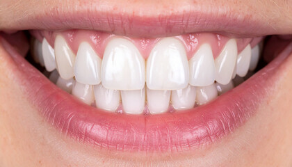 Shiny white teeth with glossy enamel. Bright natural smile. Orthodontic result. Dental care, hygiene