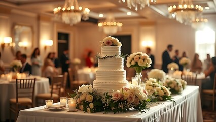 A beautifully arranged wedding buffet with tiered cake and floral decor, evoking romance and joy.