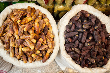 Two sorts of dates - dark and bright, sold at the market of Aswan, South of Egypt