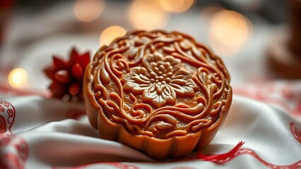 A traditional mooncake with floral imprint, placed on silk fabric with subtle red and gold accents.