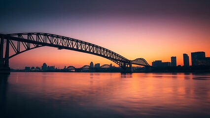 Obraz premium Majestic steel bridge at dusk reflects golden light on calm water under a gradient twilight sky.