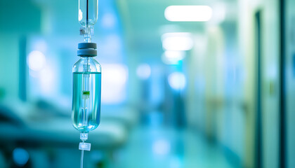Intravenous IV bag with clear fluid hangs in focus, blurred hospital room with beds visible. Medical equipment essential for patient treatment and recovery in healthcare settings