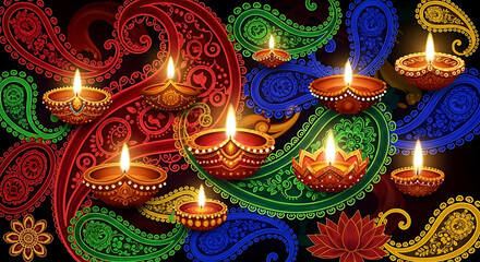 Fototapeta premium Illuminating Diwali celebration with vibrant paisley patterns and glowing diyas, evoking warmth and festive joy for cultural events and holidays