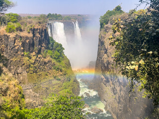 View of Victoria Falls Gorge with little water.