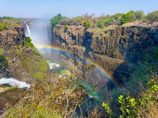 View of Victoria Falls Gorge with little water.