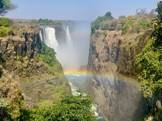 View of Victoria Falls Gorge with little water.