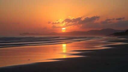 Sunset beach landscape with silhouettes and a warm coastal atmosphere.
