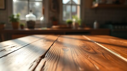 Rustic wooden table with natural grain texture, reflecting morning light from a kitchen window.