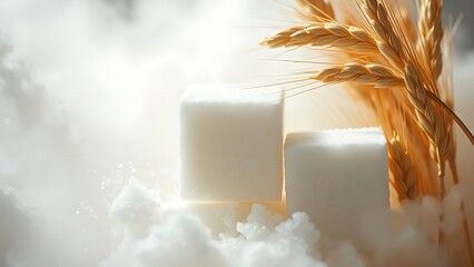 Crystalline sugar cubes and wheat stalks dissolving into mist, revealing hidden nutritional layers.