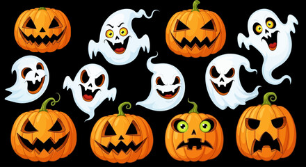 Spooky Halloween pumpkins and playful ghosts create a festive and frightful scene for your holiday designs