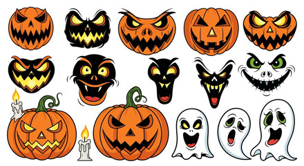 Spooky Halloween pumpkins and ghosts with glowing eyes and wicked grins for frightful festive designs